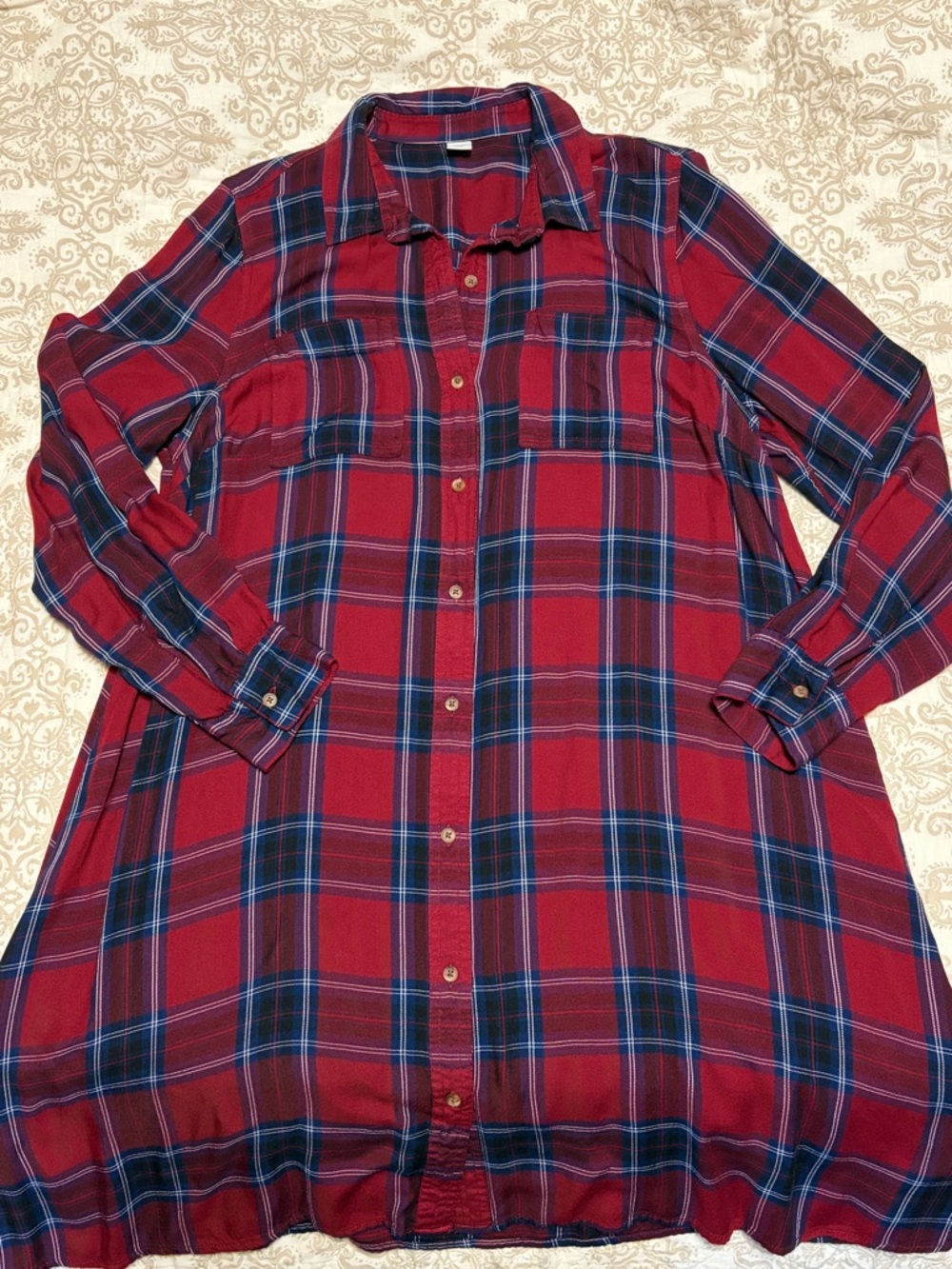 Old Navy Red and Navy Plaid Button-Down Shirt Dress